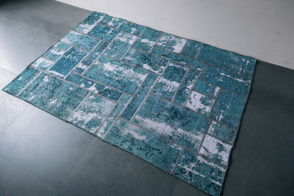 Persian patchwork light blue rug handmade with quality wools